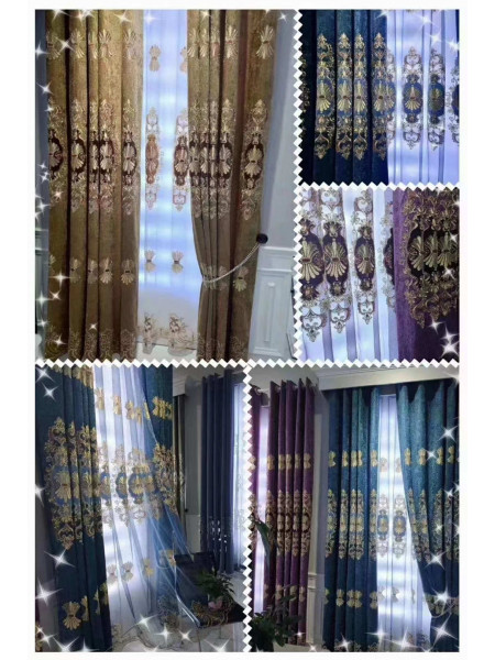  QYC125LA Hebe Small Shells Luxury Damask Chenille Embroidered Blue Purple Ready Made Grommet Curtains