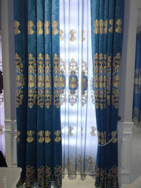  QYC125LA Hebe Small Shells Luxury Damask Chenille Embroidered Blue Purple Ready Made Grommet Curtains(Color: Blue)