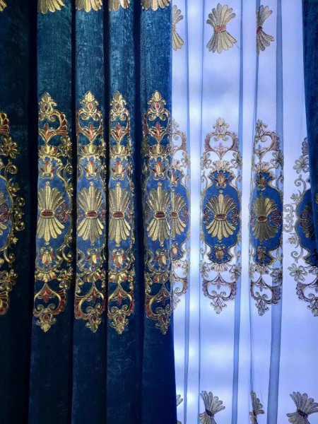  QYC125LA Hebe Small Shells Luxury Damask Chenille Embroidered Blue Purple Ready Made Grommet Curtains
