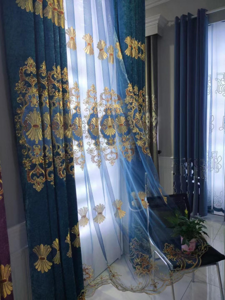 QYC125L Hebe Small Shells Luxury Damask Chenille Embroidered Blue Purple Custom Made Curtains(Color: Blue)