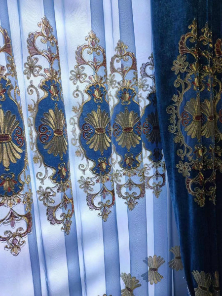  QYC125LA Hebe Small Shells Luxury Damask Chenille Embroidered Blue Purple Ready Made Grommet Curtains