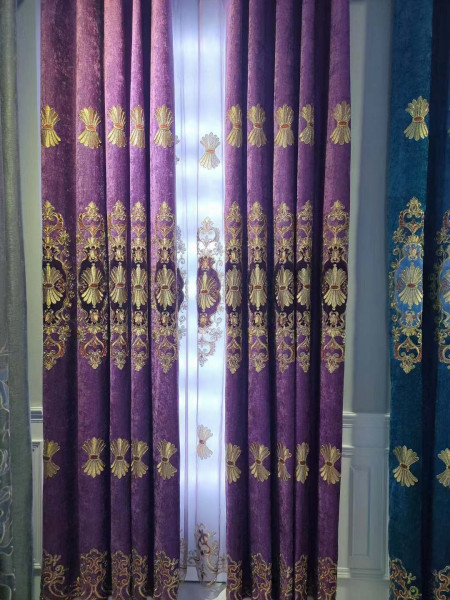  QYC125LA Hebe Small Shells Luxury Damask Chenille Embroidered Blue Purple Ready Made Grommet Curtains(Color: Purple)