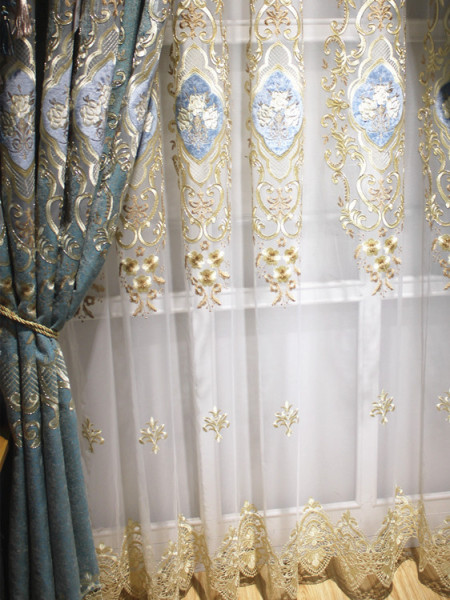 QY2168B Maia Embroidered Floral Thick Chenille Custom Made Curtains(Color: Green blue)