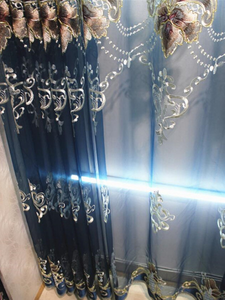 QY2168C Maia Embroidered Floral Thick Chenille Custom Made Curtains(Color: Blue)