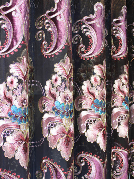 QY2168C Maia Embroidered Floral Thick Chenille Custom Made Curtains(Color: Purple)