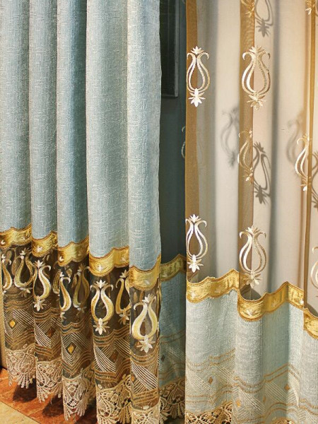 QY2168D Maia Embroidered Floral Thick Chenille Custom Made Curtains(Color: Blue)