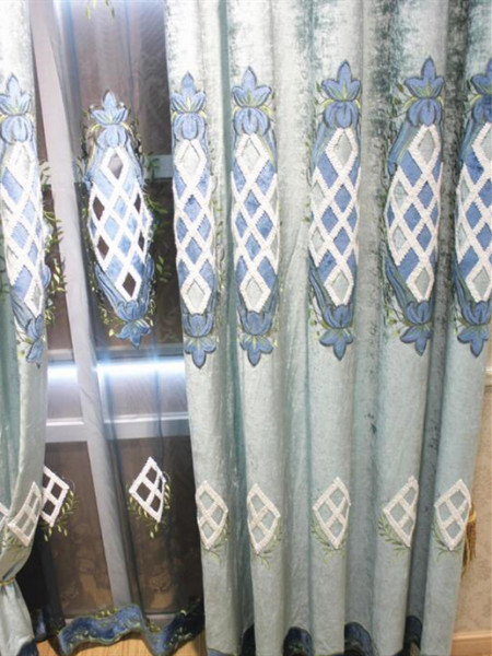 QY2168E Maia Embroidered Geometric Thick Chenille Custom Made Curtains(Color: Grey blue)
