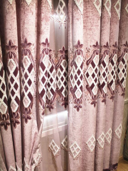 QY2168E Maia Embroidered Geometric Thick Chenille Custom Made Curtains(Color: Pink)