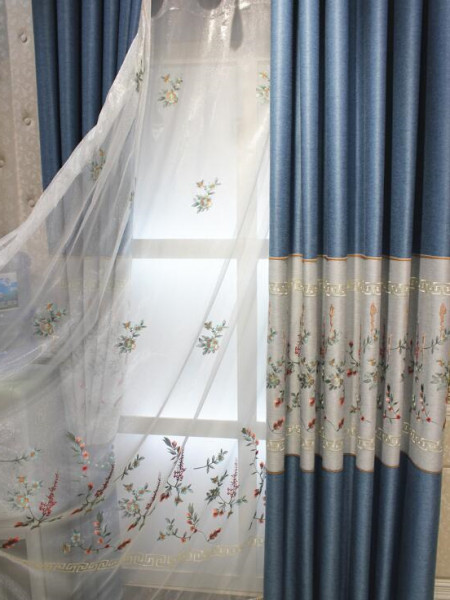 QY2168D Maia Embroidered Floral Thick Chenille Custom Made Curtains(Color: Blue)