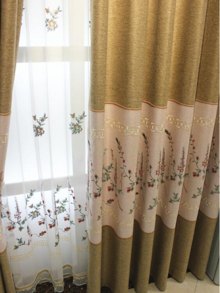 QY2168D Maia Embroidered Floral Thick Chenille Custom Made Curtains(Color: Brown)