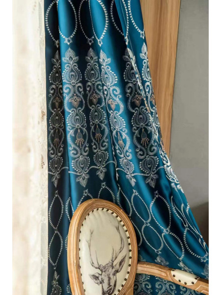 QYC225NA Bimberi Number Eight Pattern Luxury Damask Embroidered Blue Green Pink Grey Ready Made Grommet Curtains(Color: Blue)