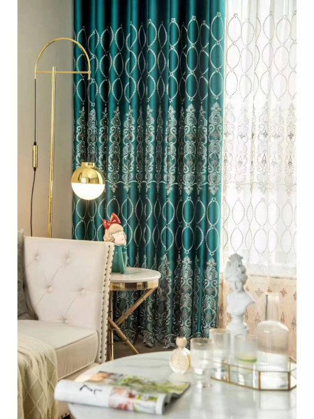 QYC225NA Bimberi Number Eight Pattern Luxury Damask Embroidered Blue Green Pink Grey Ready Made Grommet Curtains(Color: Green)