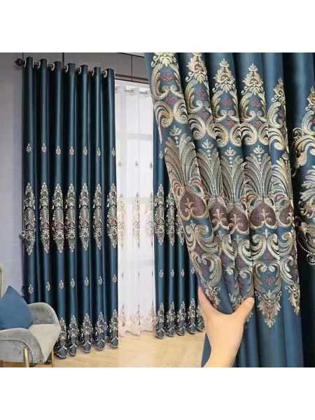 QYC225OA Bimberi Begonia Flowers Luxury Damask Embroidered Blue Green Pink Grey Ready Made Grommet Curtains(Color: Blue)
