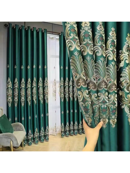 QYC225OA Bimberi Begonia Flowers Luxury Damask Embroidered Blue Green Pink Grey Ready Made Grommet Curtains(Color: Green)