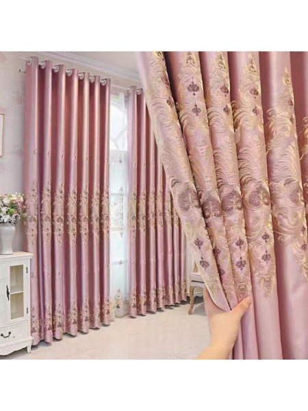 QYC225OA Bimberi Begonia Flowers Luxury Damask Embroidered Blue Green Pink Grey Ready Made Grommet Curtains(Color: Pink)