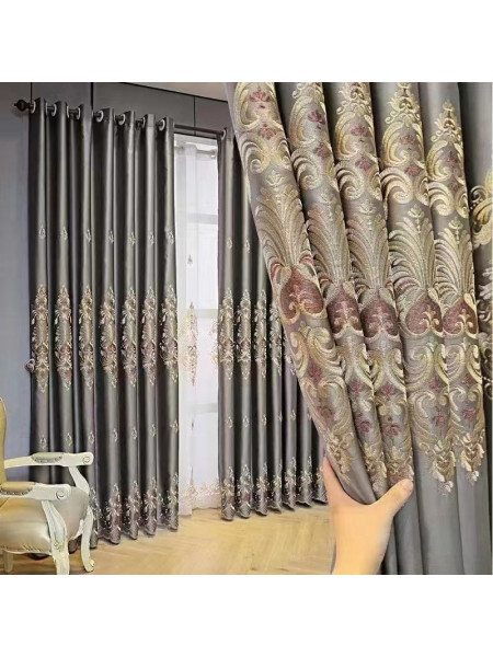 QYC225OA Bimberi Begonia Flowers Luxury Damask Embroidered Blue Green Pink Grey Ready Made Grommet Curtains(Color: Grey)