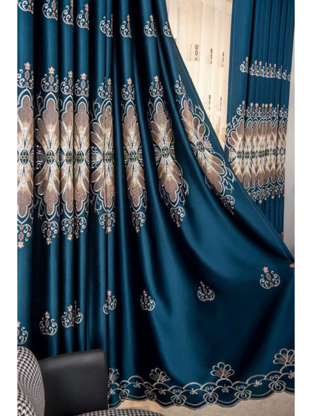 QYC225PA Bimberi Flower Queen Luxury Damask Embroidered Blue Green Pink Grey Ready Made Grommet Curtains(Color: Blue)