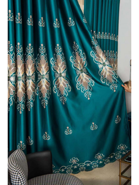 QYC225PA Bimberi Flower Queen Luxury Damask Embroidered Blue Green Pink Grey Ready Made Grommet Curtains(Color: Green)