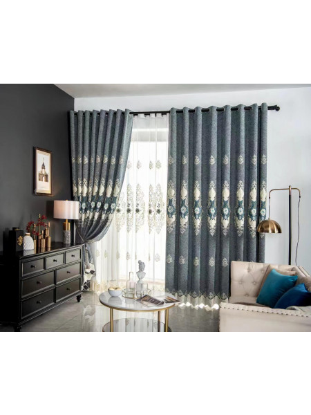 QYC225QA Bimberi Embossed Small Peony Luxury Chenille Blue Grey Ready Made Grommet Curtains