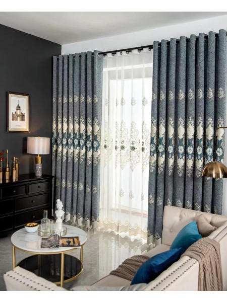 QYC225Q Bimberi Embossed Small Peony Luxury Chenille Blue Grey Custom Made Curtains