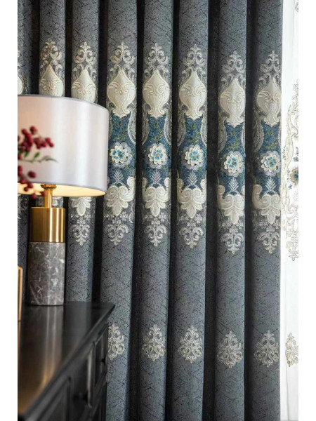 QYC225Q Bimberi Embossed Small Peony Luxury Chenille Blue Grey Custom Made Curtains