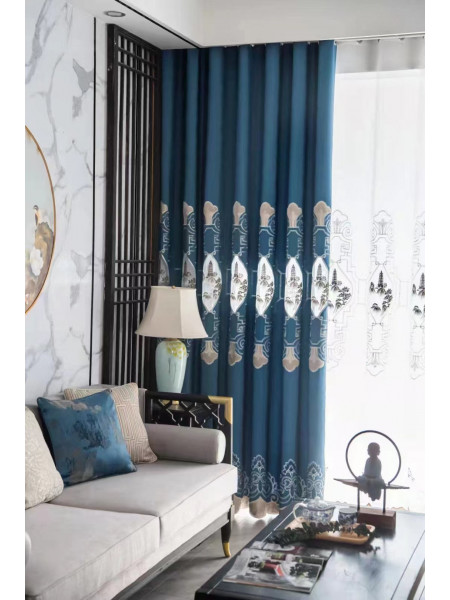 QYC225RA Bimberi Openwork Pagoda Luxury Embroidered Blue Grey Ready Made Grommet Curtains