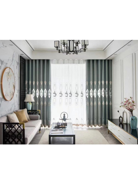 QYC225R Bimberi Openwork Pagoda Luxury Embroidered Chenille Blue Grey Custom Made Curtains