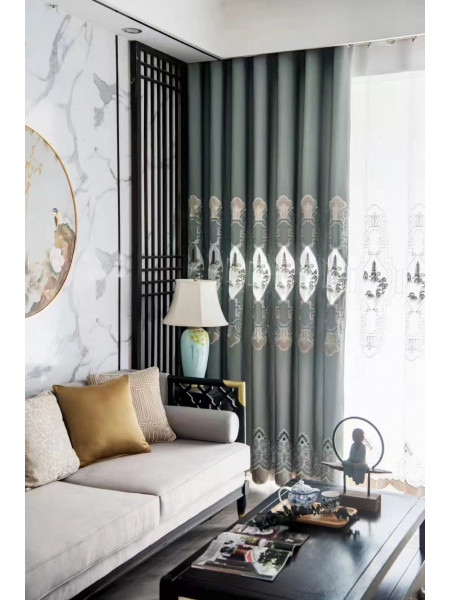 QYC225RA Bimberi Openwork Pagoda Luxury Embroidered Blue Grey Ready Made Grommet Curtains(Color: Grey)
