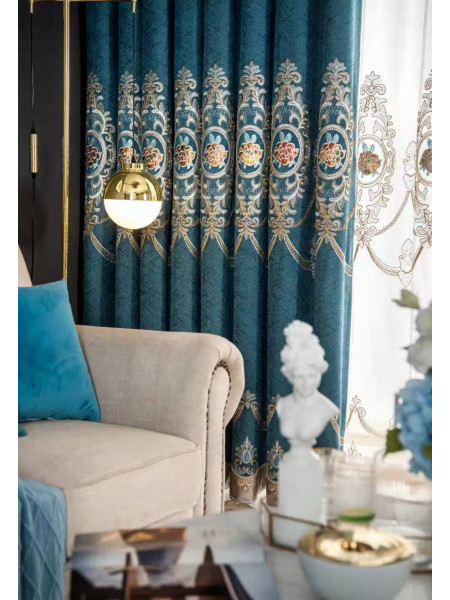 QYC225S Bimberi New Flowers Luxury Embroidered Chenille Blue Grey Custom Made Curtains