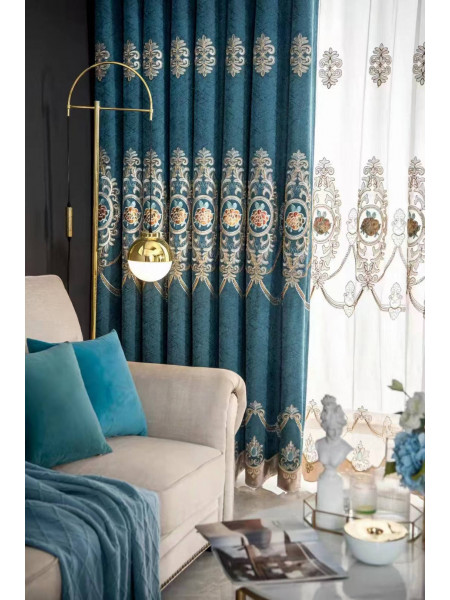 QYC225S Bimberi New Flowers Luxury Embroidered Chenille Blue Grey Custom Made Curtains(Color: Blue)