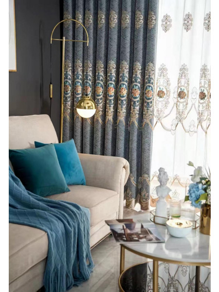 QYC225S Bimberi New Flowers Luxury Embroidered Chenille Blue Grey Custom Made Curtains(Color: Grey)
