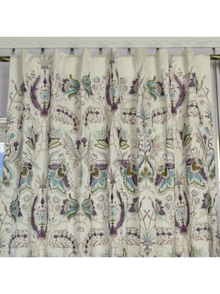 Silver Beach Embroidered All-over Flowers Back Tab Faux Silk Curtain Fabric Details