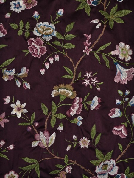 Silver Beach Embroidered Cheerful Faux Silk Fabric Sample (Color: Maroon)
