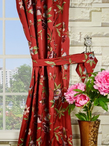 Silver Beach Embroidered Cheerful Double Pinch Pleat Faux Silk Curtains Decorative Tiebacks