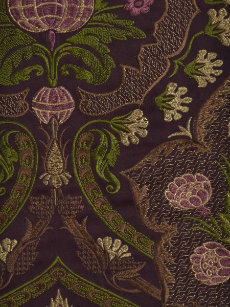 Silver Beach Embroidered Colorful Damask Faux Silk Fabric Sample (Color: Maroon)