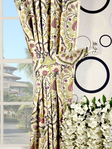 Silver Beach Embroidered Colorful Damask Tab Top Faux Silk Curtains Decorative Tiebacks