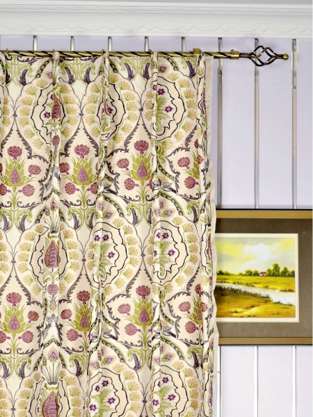 Silver Beach Embroidered Colorful Damask Single Pinch Pleat Faux Silk Curtains Heading Style