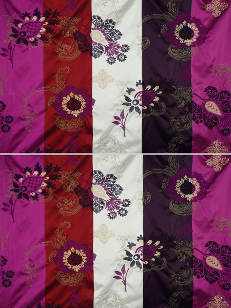 Silver Beach Embroidered Leaves Faux Silk Fabric Sample (Color: Carmine)