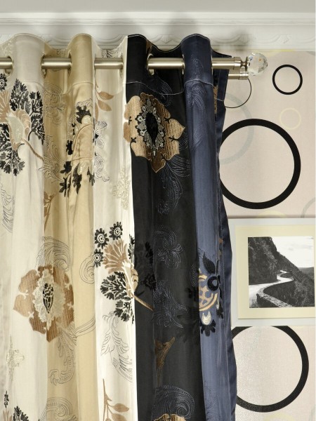 Silver Beach Embroidered Leaves Grommet Faux Silk Curtains Heading Style