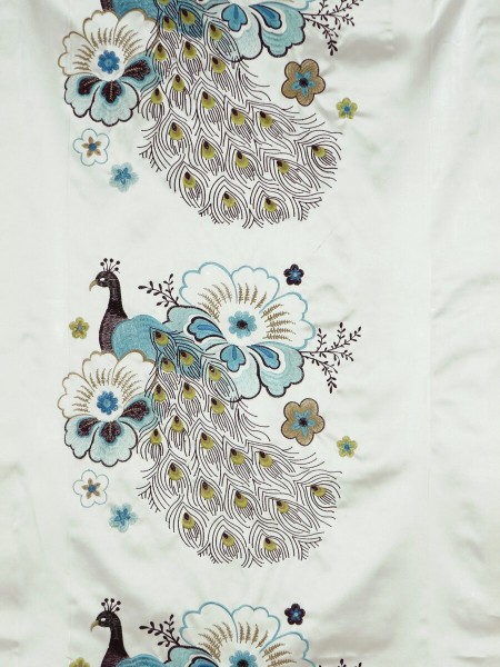 Silver Beach Embroidered Peacocks Back Tab Faux Silk Curtains (Color: Capri)