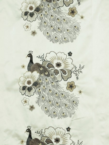 Silver Beach Embroidered Peacocks Faux Silk Fabric Sample (Color: Pale brown)