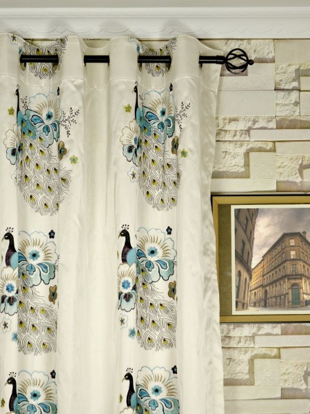 Silver Beach Embroidered Peacocks Grommet Faux Silk Curtains Heading Style