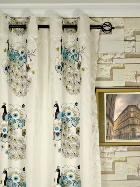 Silver Beach Embroidered Peacocks Faux Silk Custom Made