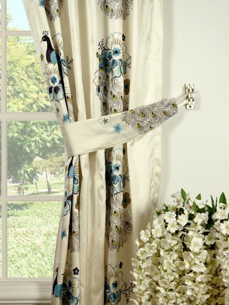 Silver Beach Embroidered Peacocks Back Tab Faux Silk Curtains Decorative Tiebacks