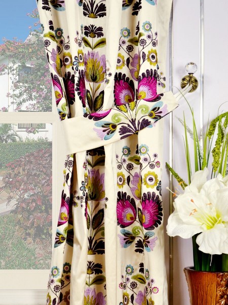 Silver Beach Embroidered Blossom Grommet Faux Silk Curtains Decorative Tiebacks