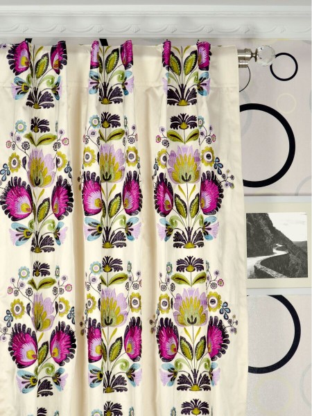 Silver Beach Embroidered Blossom Faux Silk Custom Made Curtains (Heading: Back Tab)
