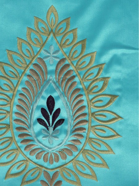 Silver Beach Embroidered Extravagant Pencil Pleat Faux Silk Curtains (Color: Aqua)