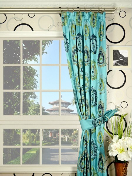 Silver Beach Embroidered Extravagant Pencil Pleat Faux Silk Curtains