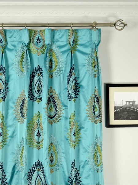 Silver Beach Embroidered Extravagant Faux Silk Custom Made Curtains (Heading: Goblet Pleat)