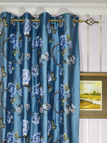 Halo Embroidered Elegant Peony Dupioni Silk Custom Made Curtains (Heading: Grommet)